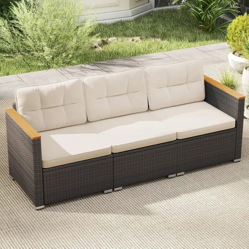 Miniatura 2 de Tangkula Sofá de mimbre para patio de 3 plazas, juego de muebles de ratán de 3 plazas con reposabrazos de madera de acacia y cojín grueso, sofá
