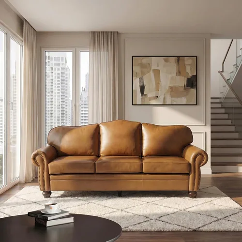 Miniatura 13 de HULALA Home Sofá de cuero genuino de 81 pulgadas con ribete de clavos y reposabrazos enrollados, moderno de mediados de siglo, sofá de 3 plazas