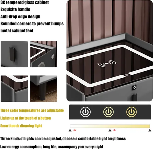 Miniatura 7 de Mesita de noche con estación de carga, mesas auxiliares de dormitorio con bloqueo de huellas dactilares y altavoz, moderna mesita de noche con luz