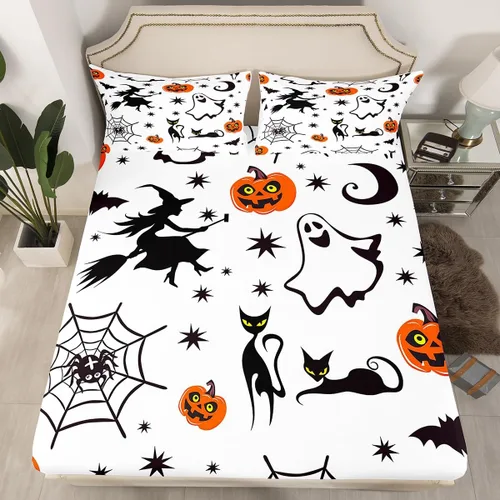 Miniatura 20 de Juego de ropa de cama de Halloween con patrón de sombras kawaii, sábana bajera tamaño queen, decoraciones de calabaza, luces de calabaza góticas