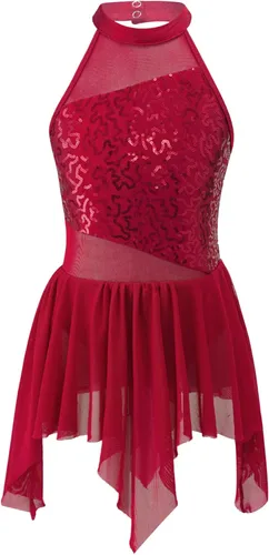 YiZYiF Vestido de baile de lentejuelas para niños y niñas, leotardo de ballet, cuello alto, vestido lírico, traje de rendimiento irregular