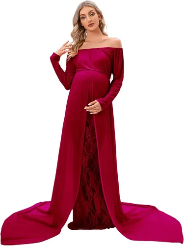 ZIUMUDY Vestido de maternidad para sesión de fotos de manga larga con hombros descubiertos vestido de encaje ajustado con capa larga de gasa trian