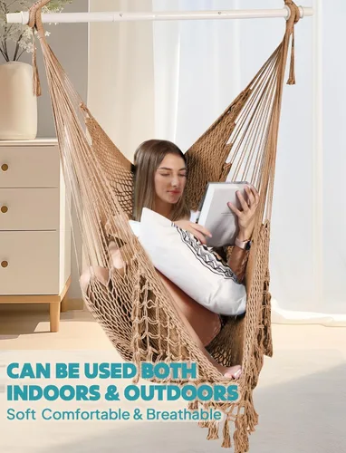 Miniatura 6 de Chihee Silla hamaca hecha a mano, silla colgante de cuerda de algodón, asiento colgante de hilado suave, columpio grande y elástico, plegable