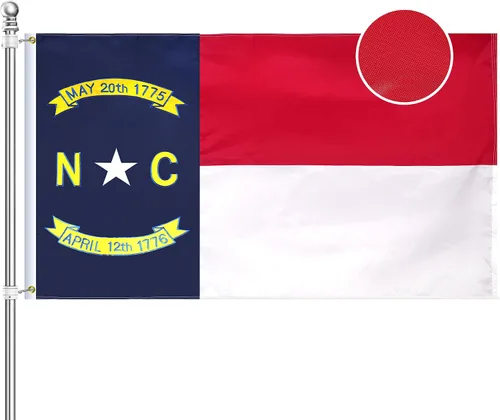 Bandera de Carolina del Norte 3 x 5, técnica de bordado completo, resistente a desgarros, rayas cosidas y ojales de latón, tela de poliéster de alta