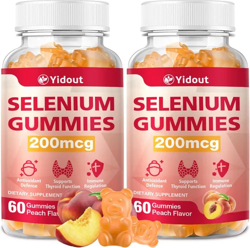 Miniatura 7 de Suplemento de selenio para gomitas de apoyo tiroideo de 200 mcg como refuerzo de energía para mujeres y hombres, sabor melocotón