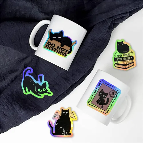 Miniatura 8 de 110 calcomanías holográficas de gato negro, divertidas y lindas calcomanías de vinilo de gato vacío, calcomanías impermeables con brillo de arcoíris