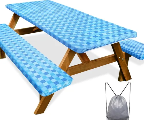 Miniatura 15 de Funda de mesa de picnic con fundas para bancos Esenciales de camping Mantel de picnic impermeable y a prueba de viento con bolsa de cordón, funda