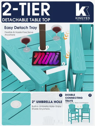 Miniatura 6 de KINGYES Aruba - Juego de 4 sillas Adirondack altas de HDPE con bandejas de conexión dobles, silla Adirondack de altura de barra en relieve para 2
