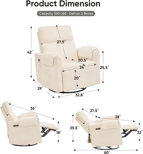 Miniatura 2 de Silla reclinable eléctrica extragrande, sillón basculante giratorio de 26" extra ancho con reposacabezas ajustable, silla mecedora de chenilla