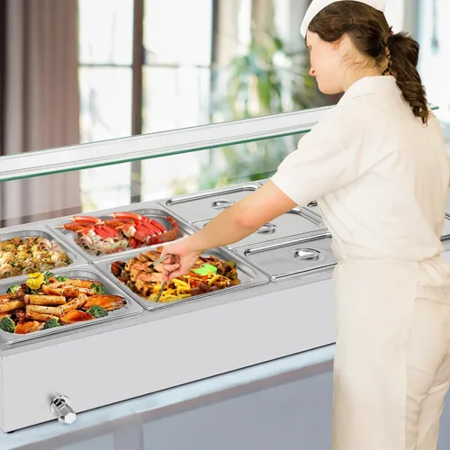 Miniatura 6 de ROVSUN Paquete de 2 bandejas de hotel de tamaño medio de 1/2, bandeja de mesa de vapor de 4 pulgadas de profundidad con tapa, sartén antiatascos