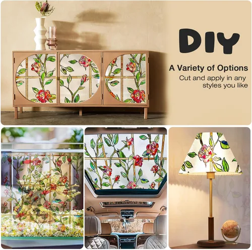 Miniatura 4 de Windimiley Película decorativa para ventana de vitral, 3D con diseño floral de rosas, película adhesiva estática de privacidad que difunde la luz