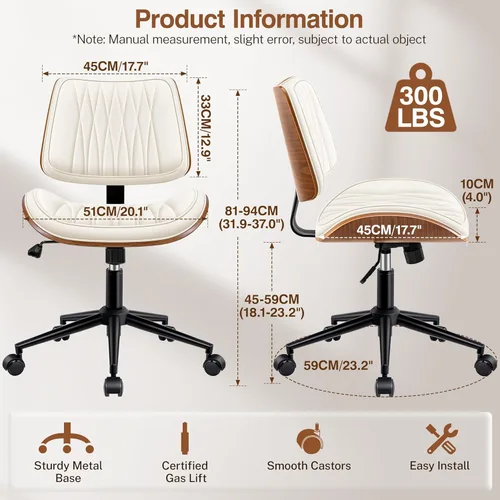 Miniatura 2 de Silla ergonómica de escritorio de oficina sin brazos, de piel sintética blanca moderna de mediados de siglo con costuras de diamante, silla Blanco