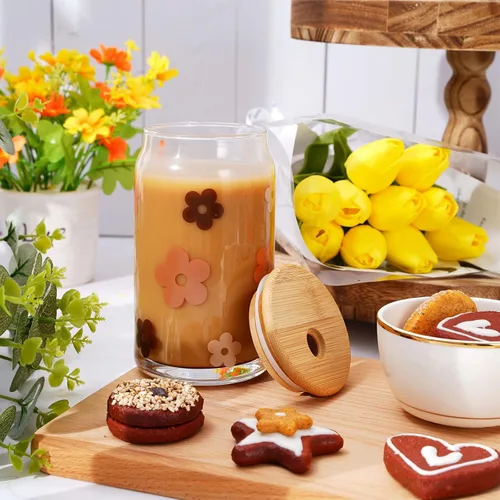 Miniatura 4 de Whaline Juego de 4 vasos para beber con tapas de bambú y popote de vidrio, taza de vidrio en forma de lata de 16 onzas, vaso de café helado, ideal