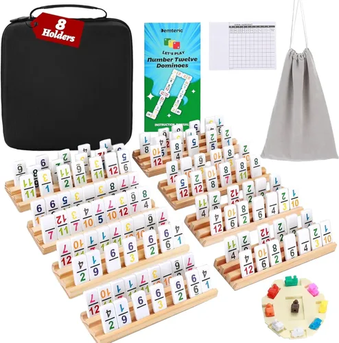 Miniatura 9 de Dominós Mejorados Doble 6, 28 fichas de dominó, 4 soportes/estantes de madera, juego de mesa de viaje y memoria con estuche portátil para 2-4