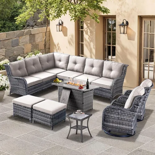 Miniatura 106 de HUMMUH Sillas Mecedoras Giratorias de Mimbre para Patio Exterior con Respaldo Alto, Sillas Deslizantes de Ratán PE, Juego de Muebles de Patio de 4