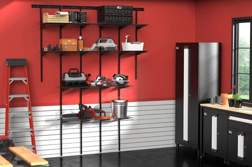 Miniatura 7 de ClosetMaid MaxLoad Kit de Estante de Pared de Servicio Pesado para Garaje, 6 – 10 Pies, Estantería de Alambre ShelfTrack Ajustable, Acabado Negro