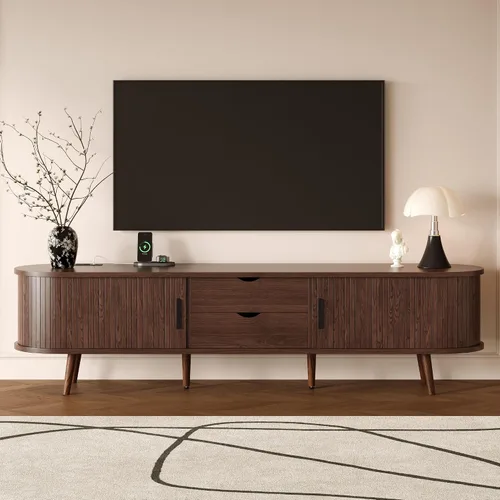 Soporte de TV para TV de 80 pulgadas, centro de entretenimiento moderno de mediados de siglo con cajones de almacenamiento, puertas de tambor y toma