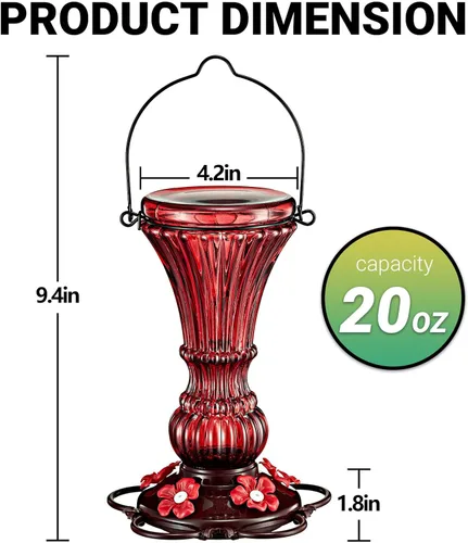 Miniatura 2 de Comedero de vidrio para colibríes, alimentador de néctar de pájaros salvajes rojos para colgar al aire libre, a prueba de fugas, 20 onzas con 5