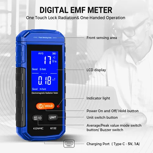 Miniatura 7 de Medidor EMF recargable, detector de campo electromagnético de mano con LCD digital, adecuado para inspecciones EMF en el hogar y al aire libre