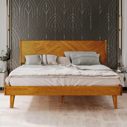 Gazelle Signature - Marco de cama con cabecera alta de plataforma de madera maciza, marco de cama Queen, cama de madera natural Art Deco compatible