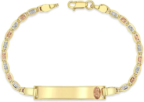 Pulsera de identificación de cadena tricolor de 14 quilates (amarillo, blanco, rosa) de oro de 0.118in con guadalupe de oro rosa, fabricada en