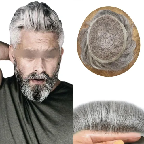 Miniatura 23 de LYRICAL HAIR Sistema de cabello humano Remy de encaje francés súper fino para hombre, piel de poliéster transparente alrededor de las pelucas, tupé
