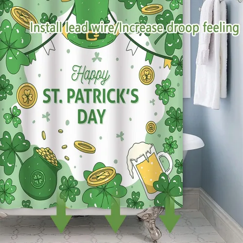 Miniatura 4 de Cortina de ducha para el día de San Patricio, sombrero de trébol verde, monedas doradas, cortina de ducha de vidrio de cerveza, juego de decoración