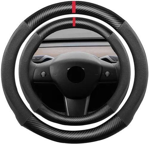 Miniatura 67 de Funda de volante de ante con fibra de carbono de K LAKEY, compatible con Porsche 718 Boxster Cayman 911 Panamera Macan Cayenne de 15 pulgadas, cuero