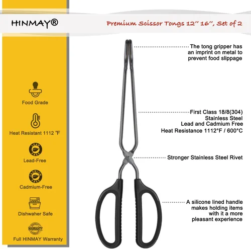 Miniatura 2 de HINMAY Juego de pinzas de acero inoxidable de 12 y 16 pulgadas, pinzas de cocina de metal extralargas para cocinar, asar a la parrilla y servir Negro