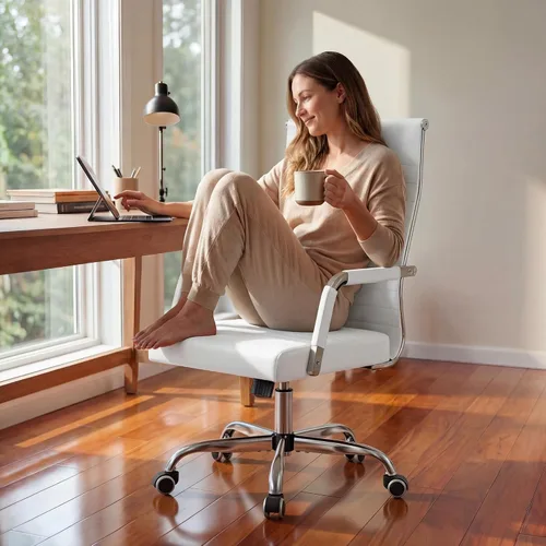 Miniatura 7 de Furmax silla de escritorio de oficina acanalada con respaldo medio de piel sintética silla de trabajo ejecutiva de conferencia silla giratoria Blanco
