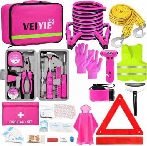 Kit de emergencia para vehículos en carretera, kit de primeros auxilios rosa para automóvil con cables de puente, kit de seguridad para coche,