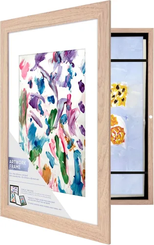 Miniatura 17 de MCS Marco de Arte para Niños 11x14 con Paspartú con Apertura de 8.5x11, Marco de Fotos Magnético Intercambiable de Veta de Madera Natural