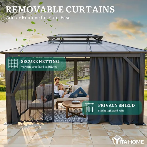 Miniatura 3 de YITAHOME Cenador de policarbonato de 10 x 12 pies para patio al aire libre, doble techo de hierro galvanizado, columna de aluminio, cortinas