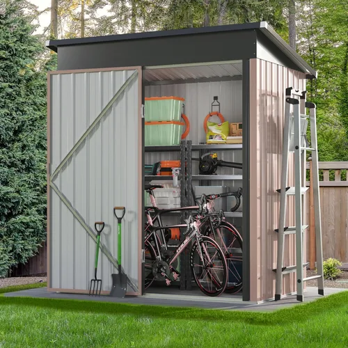 Aoxun Caseta metálica de almacenamiento para exteriores, 4.6 x 2.5 pies, para jardín, para botes de basura, herramientas y bicicletas, color marrón