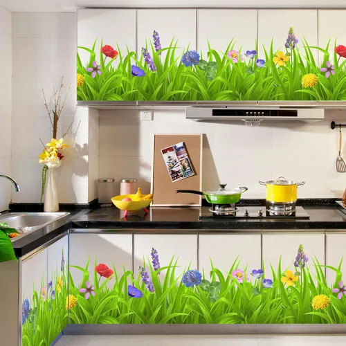 Miniatura 3 de Pegatinas de pared de plantas verdes frescas, calcomanías de zócalo, hojas verdes, flores coloridas, calcomanías de pared DIY Murales extraíbles