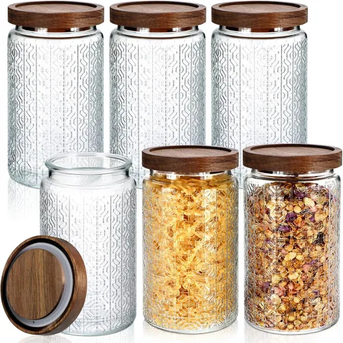 Miniatura 8 de Domensi 6 piezas de tarros de vidrio vintage de 34 oz, tarros de almacenamiento de vidrio con tapas, patrón de begonia, tarros herméticos
