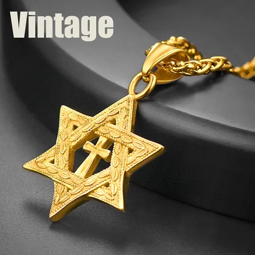 Miniatura 34 de U7 - Collar con Estrella de David para hombres y mujeres, dije hexagonal de acero inoxidable con cruz/piedra de rubí/collares clásicos judíos