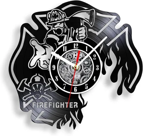 Miniatura 10 de The Geeky Days Reloj de pared LED de bombero, disco de vinilo, 7 colores, cruz maltesa quemada, 12 pulgadas, silencioso, sin tictac, casco