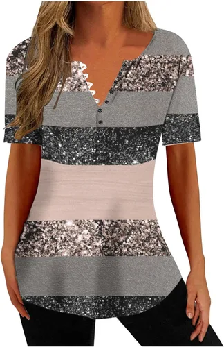 Miniatura 68 de Summer Shirts for Women 2025 Plus Size Short Sleeve Henley Tops Marble Floral Loose Tshirt Tee Casual Dressy Tunics