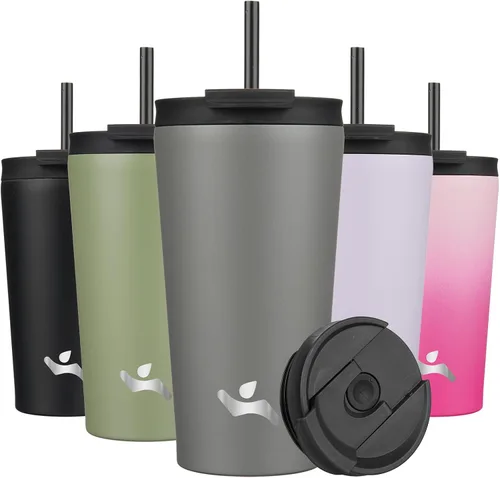 Miniatura 10 de Konokyo Vaso aislado de 18 onzas con tapa y 2 pajillas, botella de agua de acero inoxidable, taza de viaje al vacío, taza de café, color blanco ángel