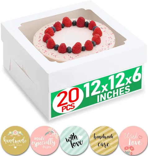 Cajas para pasteles de 12 x 12 x 6 pulgadas, 20 piezas, caja grande de 12 pulgadas con ventana para pasteles de panadería grandes de 6 pulgadas de