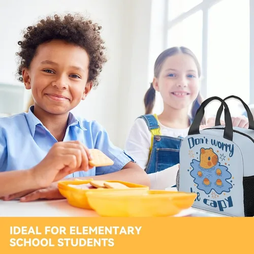 Miniatura 7 de Lonchera para niñas y niños, reutilizable, plegable, aislada, con asa, pequeña, azul, con estampado de animales, ideal para la escuela, picnic