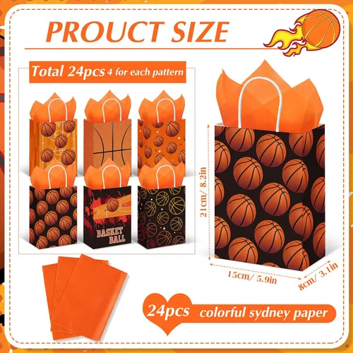Miniatura 2 de Aoriher 24 bolsas de regalos de fiesta de baloncesto con papel de seda, bolsas de dulces de baloncesto, bolsas de regalo de pelota deportiva