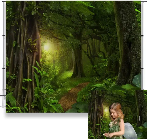 Miniatura 5 de Telón de fondo de fotos de cuento de hadas de 5 x 3 pies para niños, fiesta de cumpleaños, eventos, decoración de bosque perenne, selva, paisaje