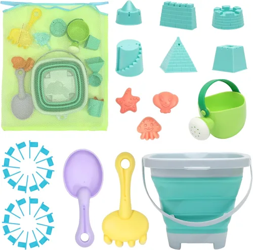 RACPNEL Juego de juguetes de playa y arena para niños, cubo plegable y palas con bolsa de malla, moldes, banderas, caja de arena para niños y niños