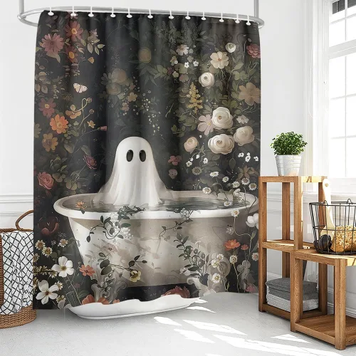 Miniatura 3 de Cortina de ducha de Halloween con diseño de fantasma, para bañera, bosque de flores, cortina de ducha para baño, academia oscura, tina fantasma