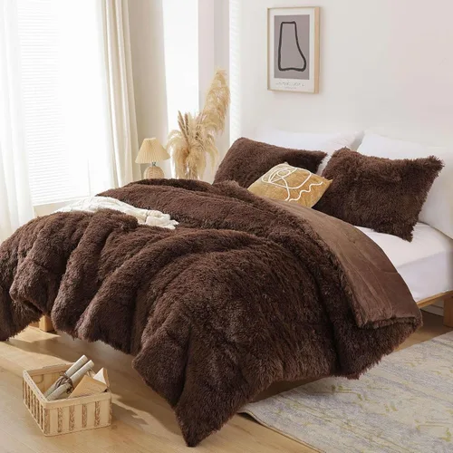 Miniatura 36 de Smoofy Juego de edredón esponjoso de tamaño Full, juego de edredón rosa de piel sintética, juego de ropa de cama mullido de lujo, juego de ropa