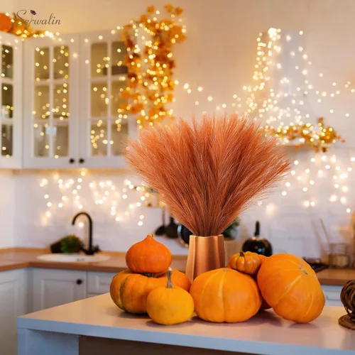 Miniatura 2 de Serwalin Decoración de Hierba de Pampas de 17.7 Pulgadas 6 Piezas Hierba de Pampas Naranja, Hierba de Pampas Falsa Naranja Quemado Decoración Boho
