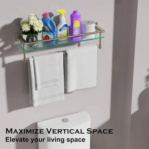 Miniatura 3 de Estantería de vidrio para baño de 24 pulgadas moderna montada en la pared con 1 estante, níquel cepillado, 1 toallero, capacidad de peso de 45 lbs