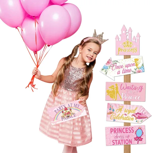 Miniatura 5 de Epakh 20 piezas de decoraciones de fiesta de princesa, letreros de bienvenida para fiesta de princesa, letreros direccionales de color rosa femenino